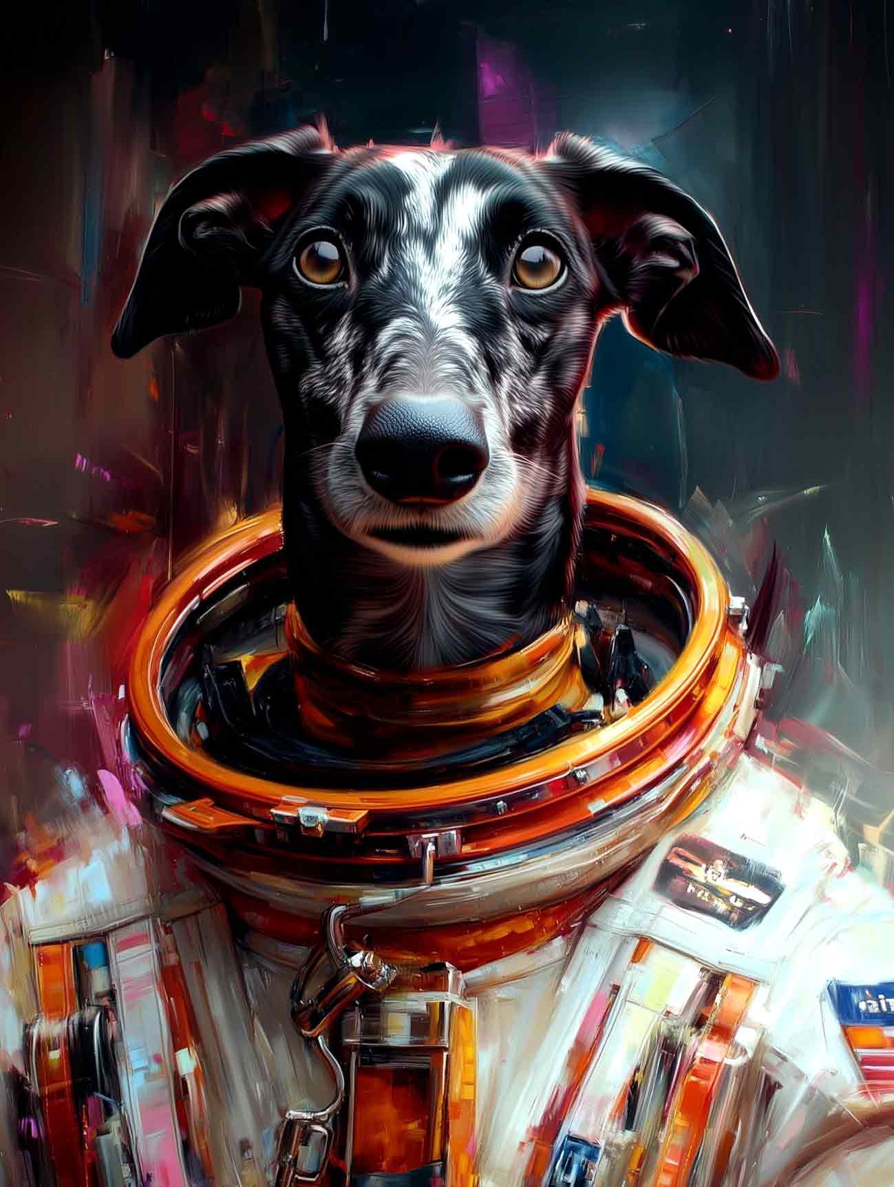 A colourful, modern pet portrait of a Greyhound.