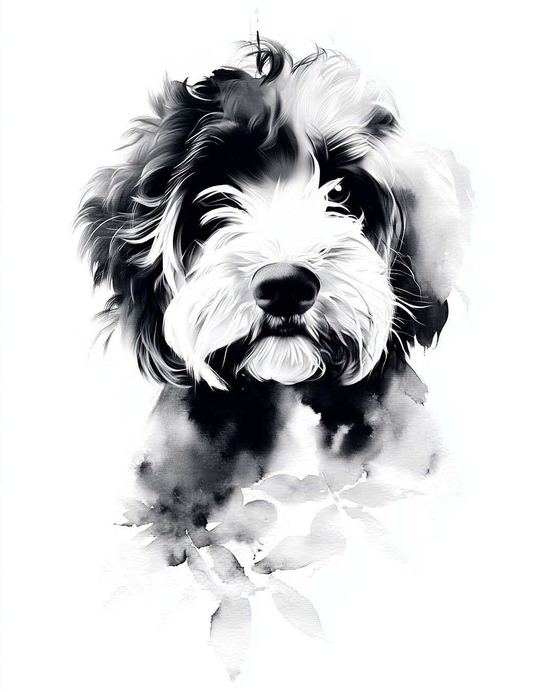 a pet portrait of a labradoodle in our Abstract Ink style of illustration