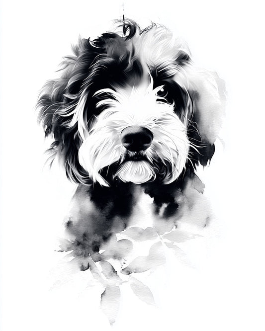 a pet portrait of a labradoodle in our Abstract Ink style of illustration