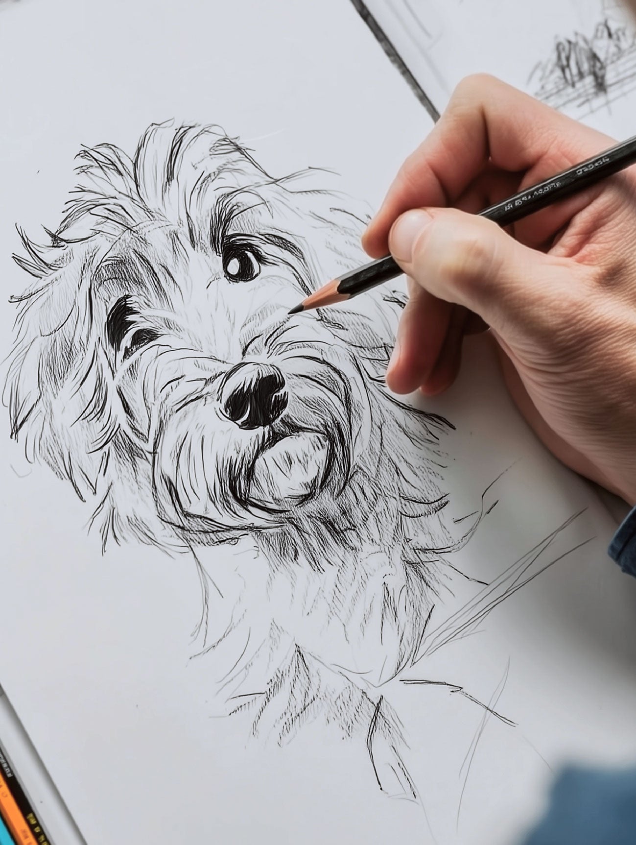 Hand drawing a detailed pet portrait sketch of a dog's face with a pencil on white paper.