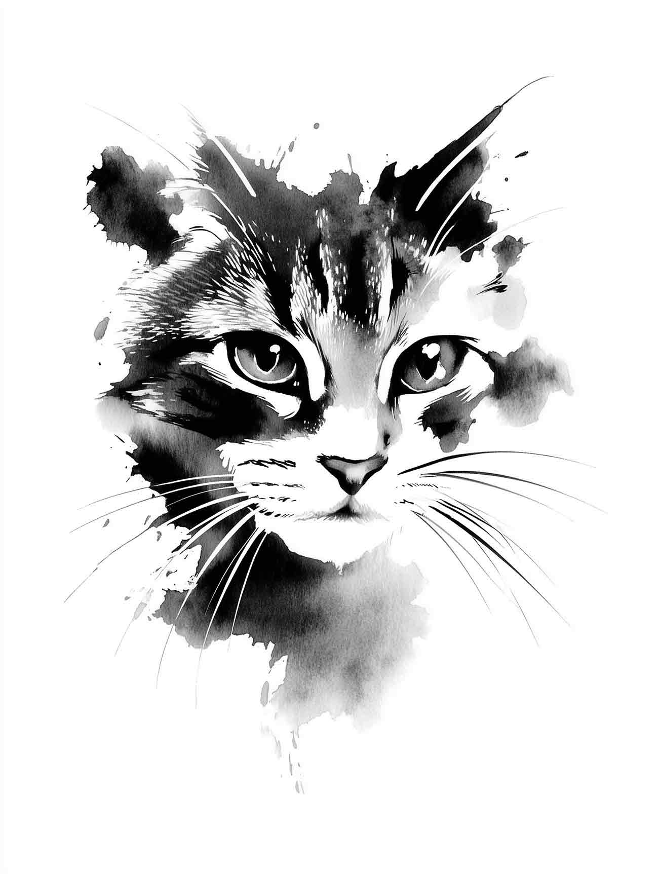 Black and white pet portrait of a cat's face with artistic brush strokes.