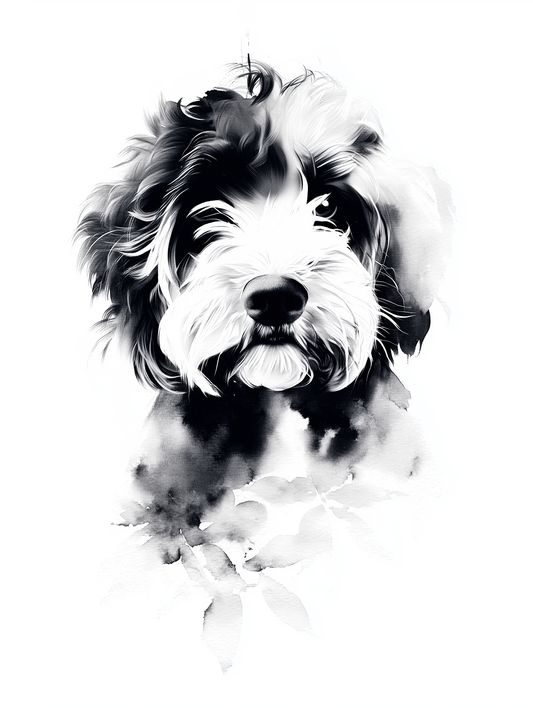 Black and white pet portrait of a dog's face on a white background.