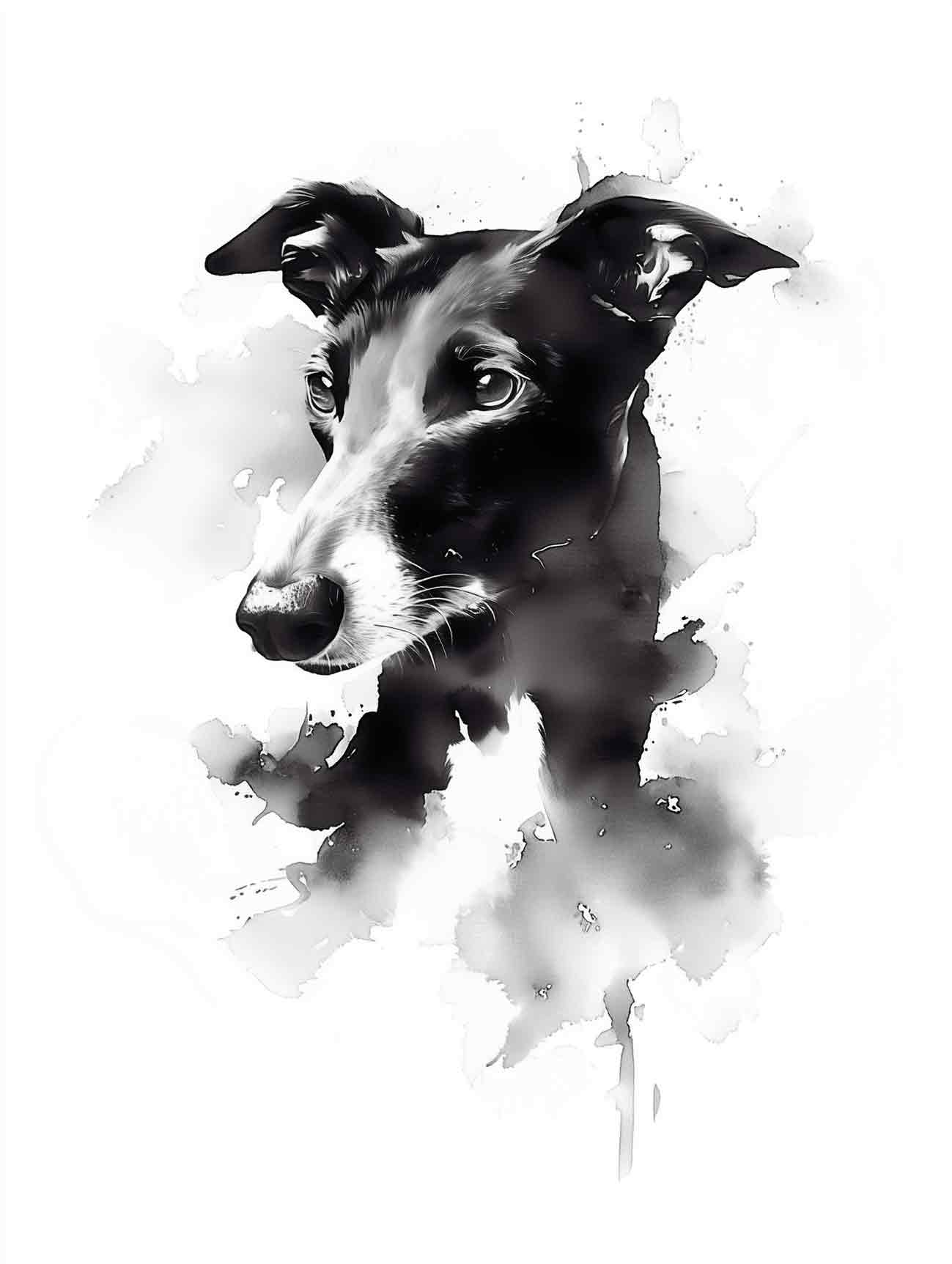 Black and white Greyhound pet portrait with watercolor effects on a white background.