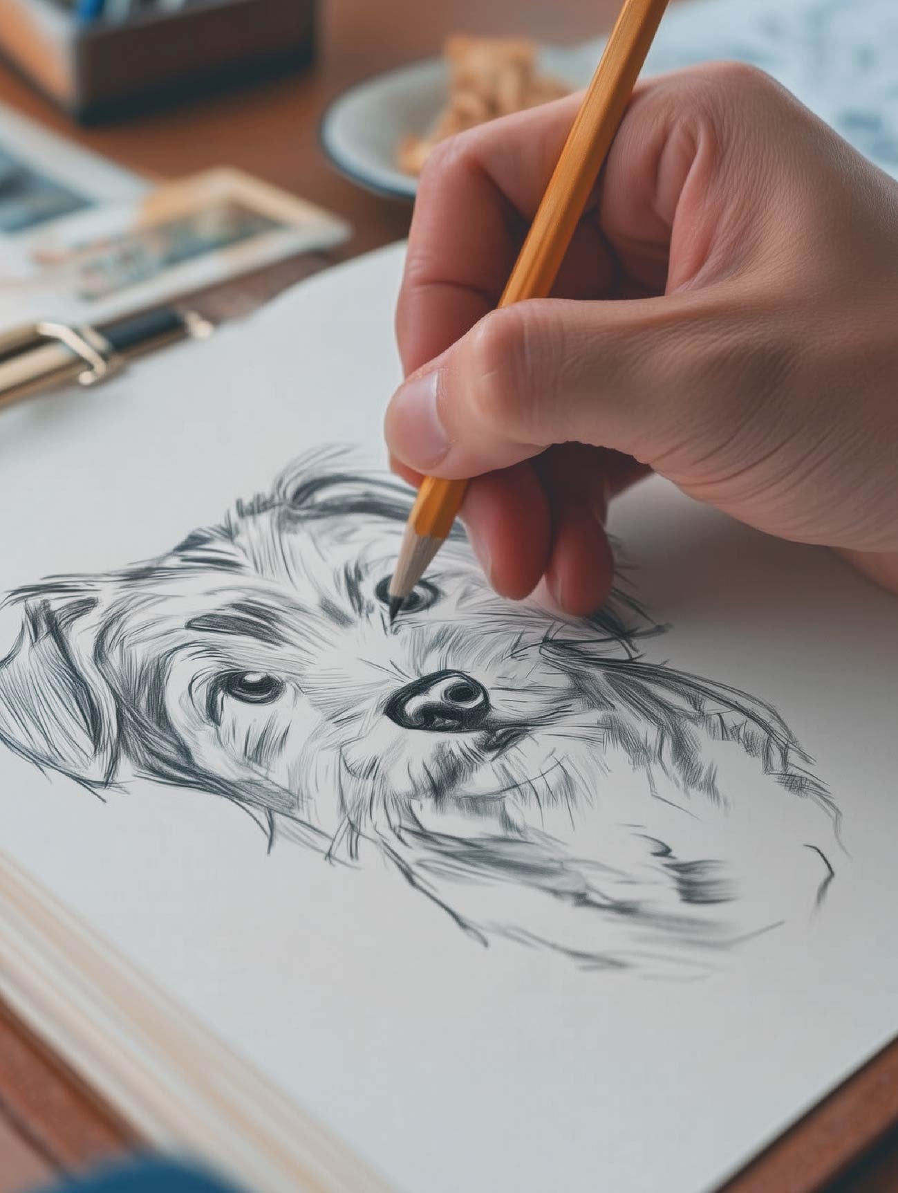 Hand drawing a detailed pet portrait sketch of a dog's face with a pencil on white paper.