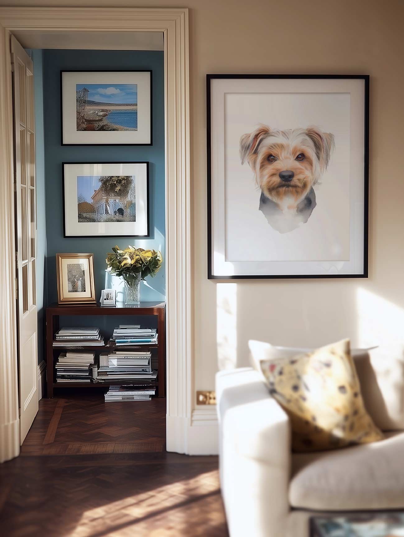 A framed pet portrait of a yorkshire terrier.