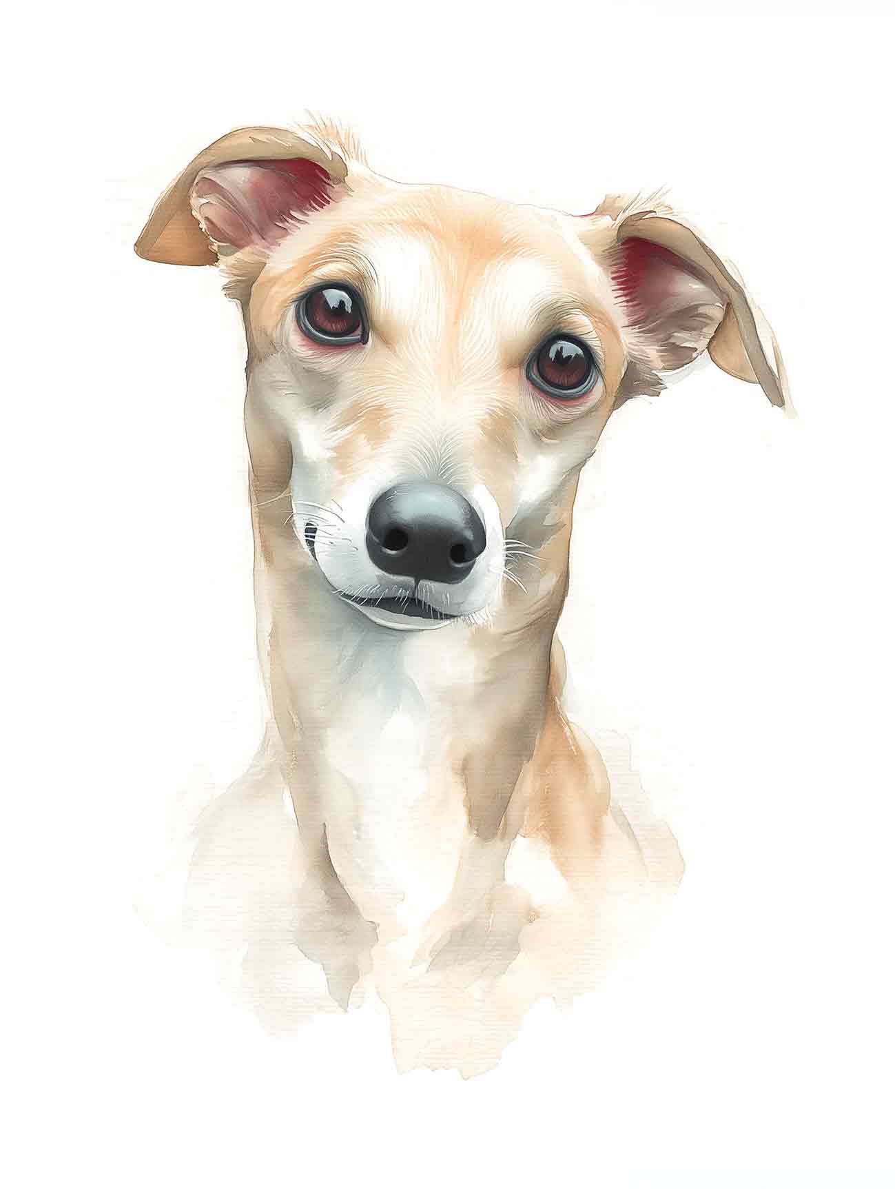 A watercolour pet portrait of a whippet.