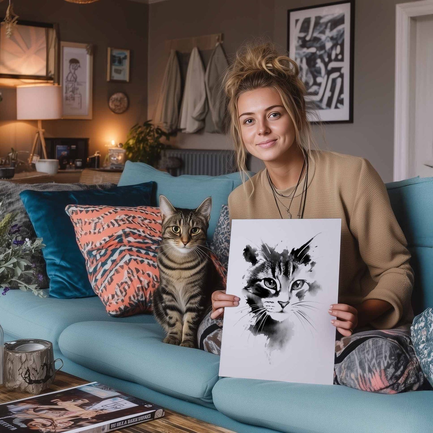 Woman holding a pet portrait of a cat in a living room with the cat sitting next to her.