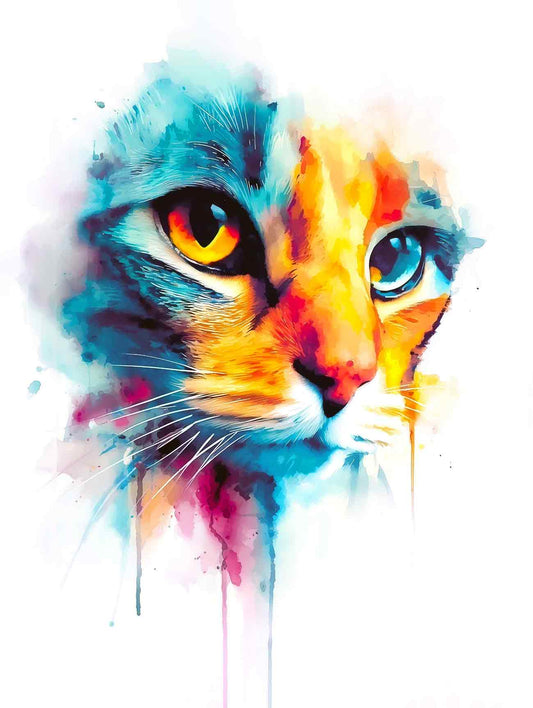 A modern, colourful watercolour pet portrait of a cat.