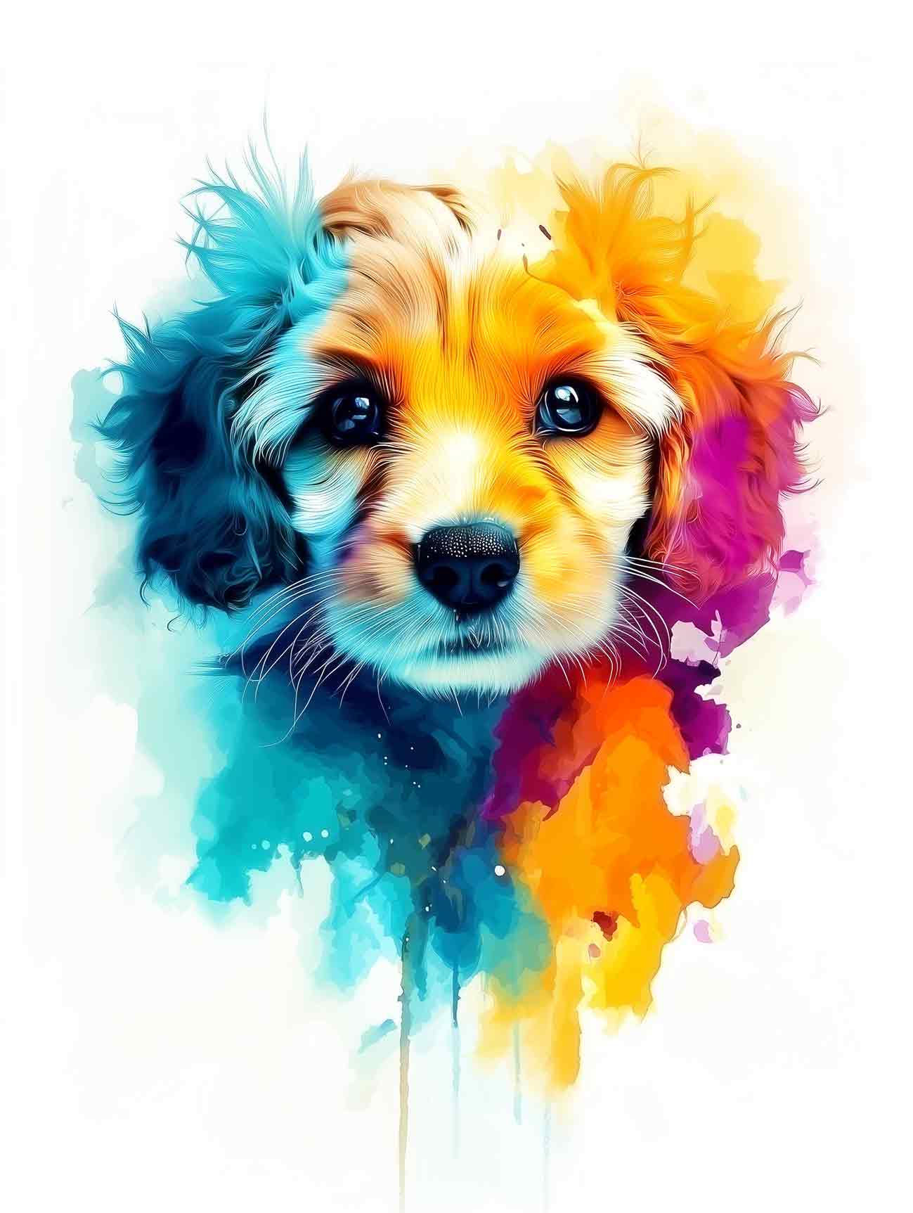 A modern, colourful watercolour pet portrait of a cocker spaniel puppy.