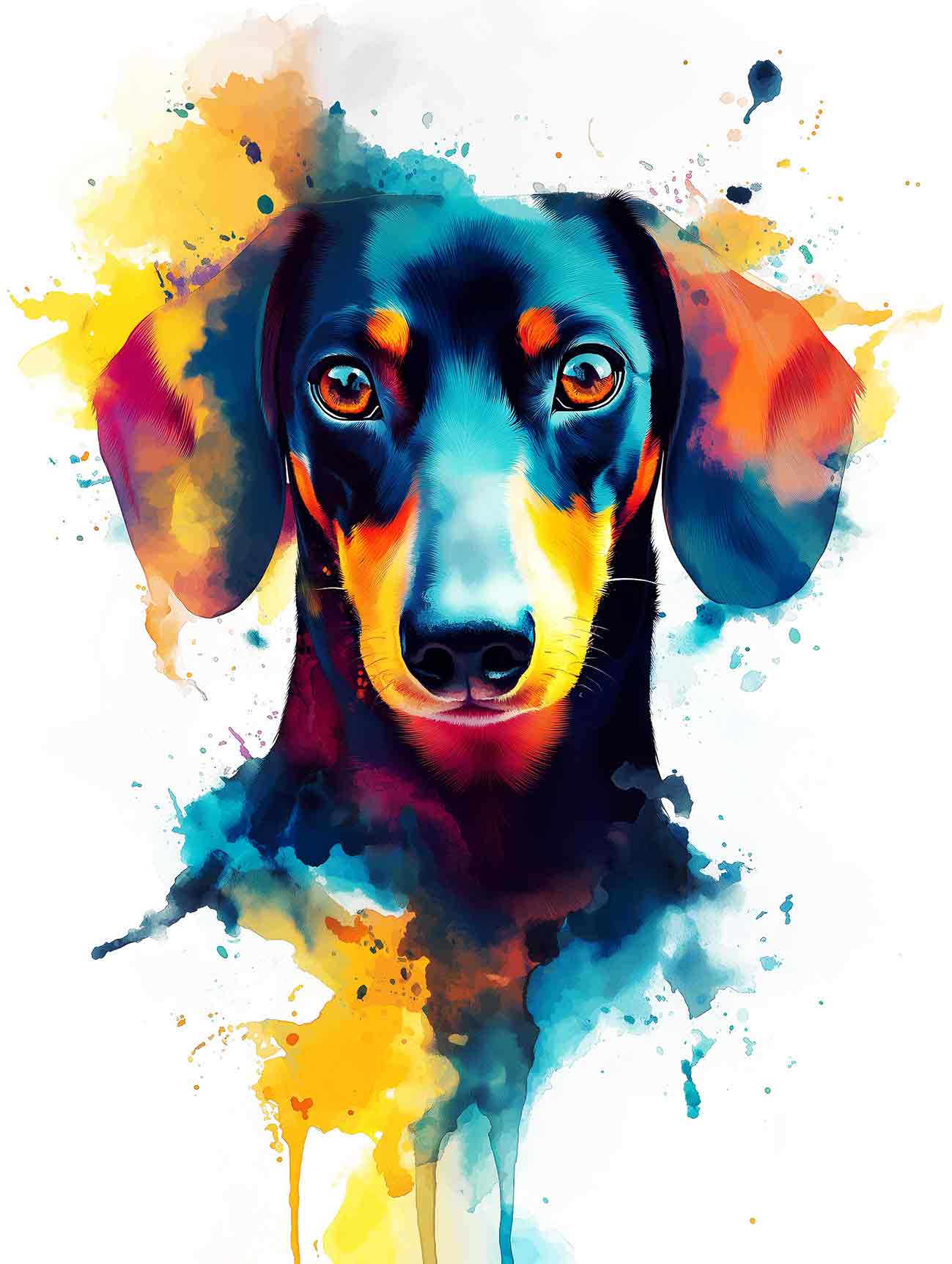 A modern, colourful watercolour pet portrait of a Dachshund.