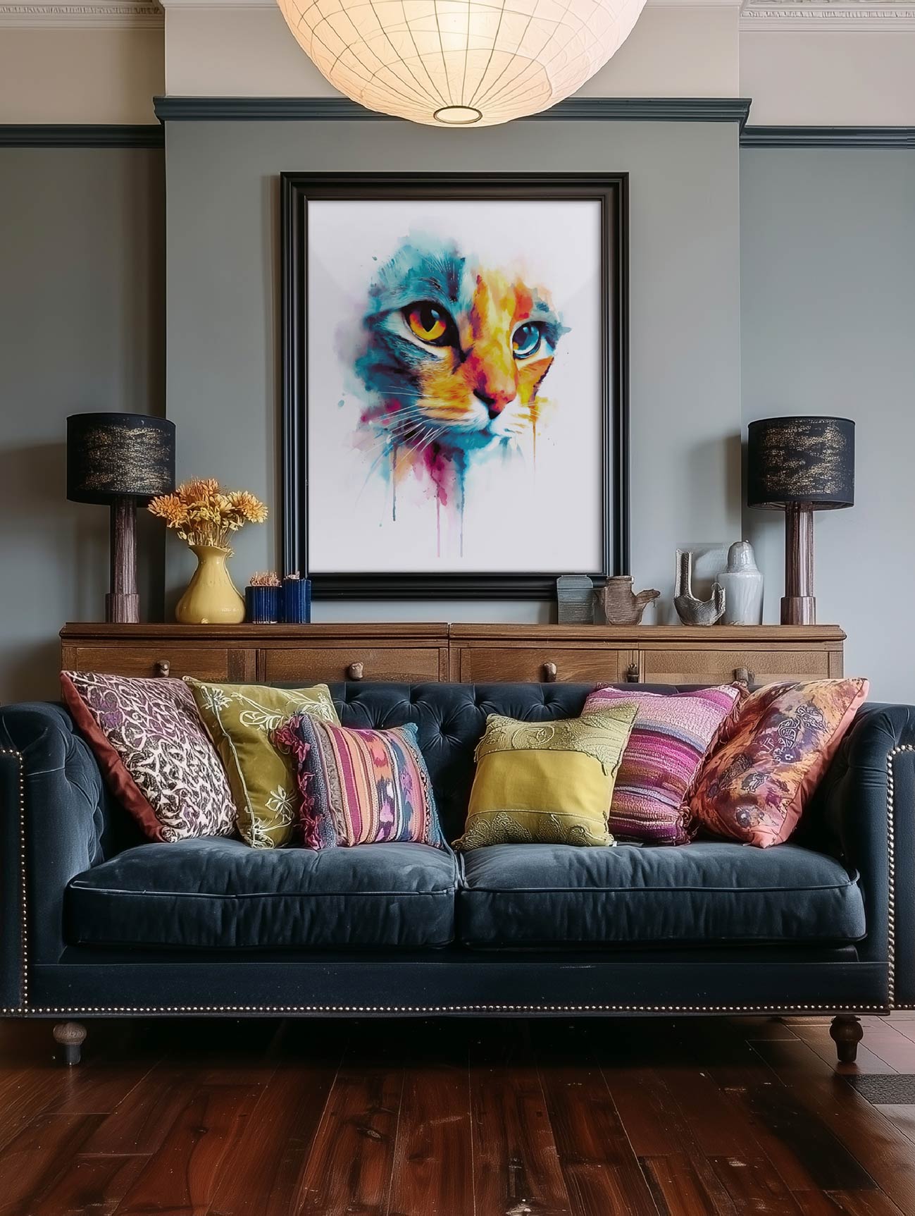 A framed pet portrait of a cat.