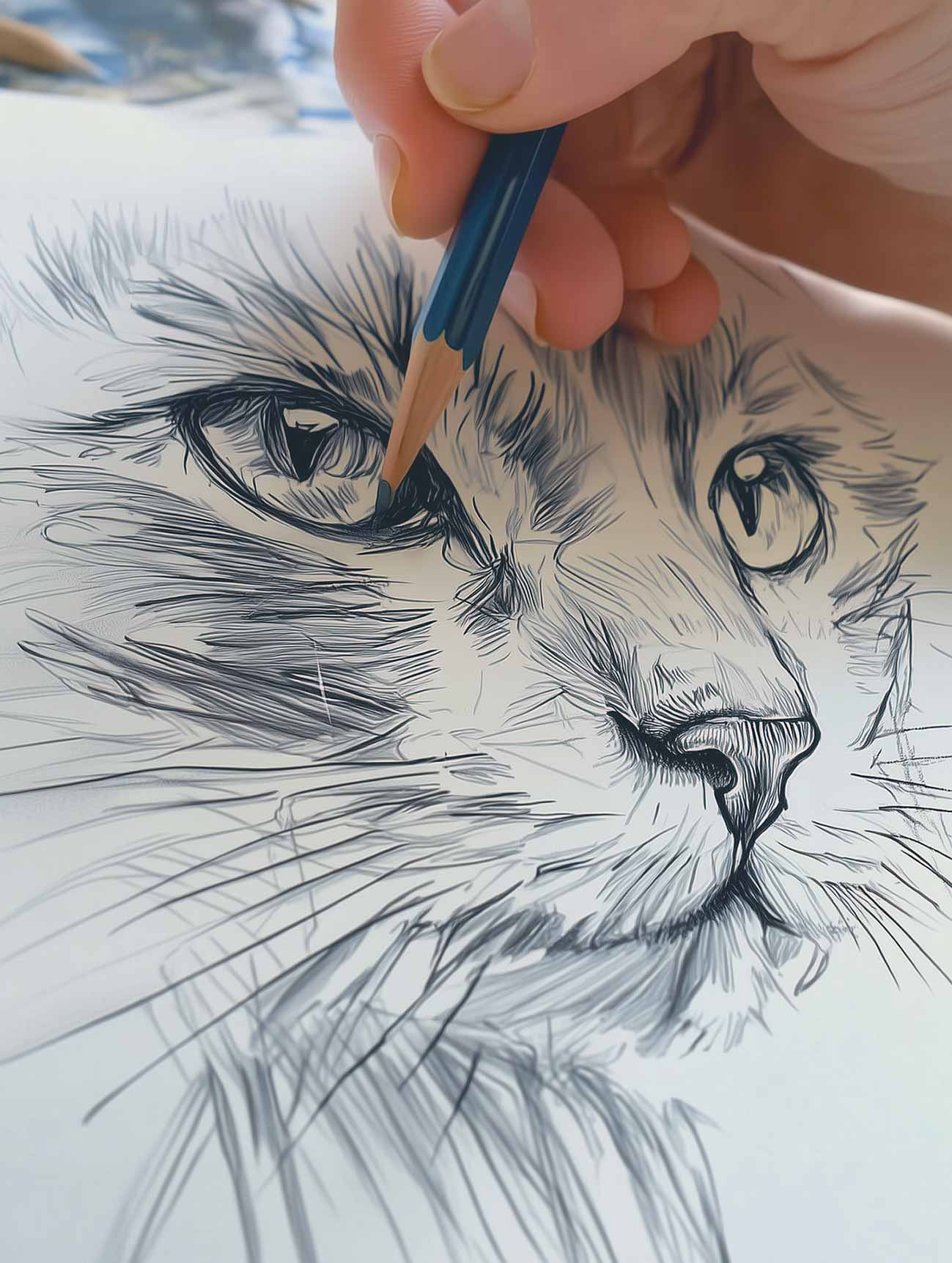Hand drawing a detailed pet portrait sketch of a dog's face with a pencil on white paper.