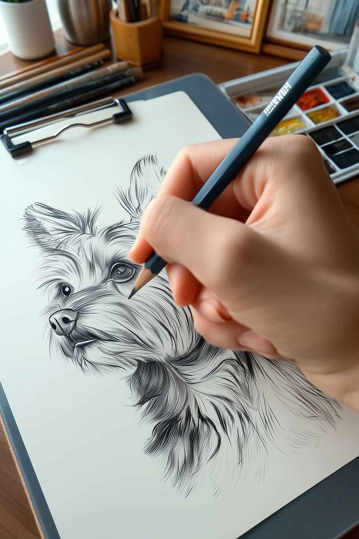 Hand drawing a detailed pet portrait sketch of a dog's face with a pencil on white paper.