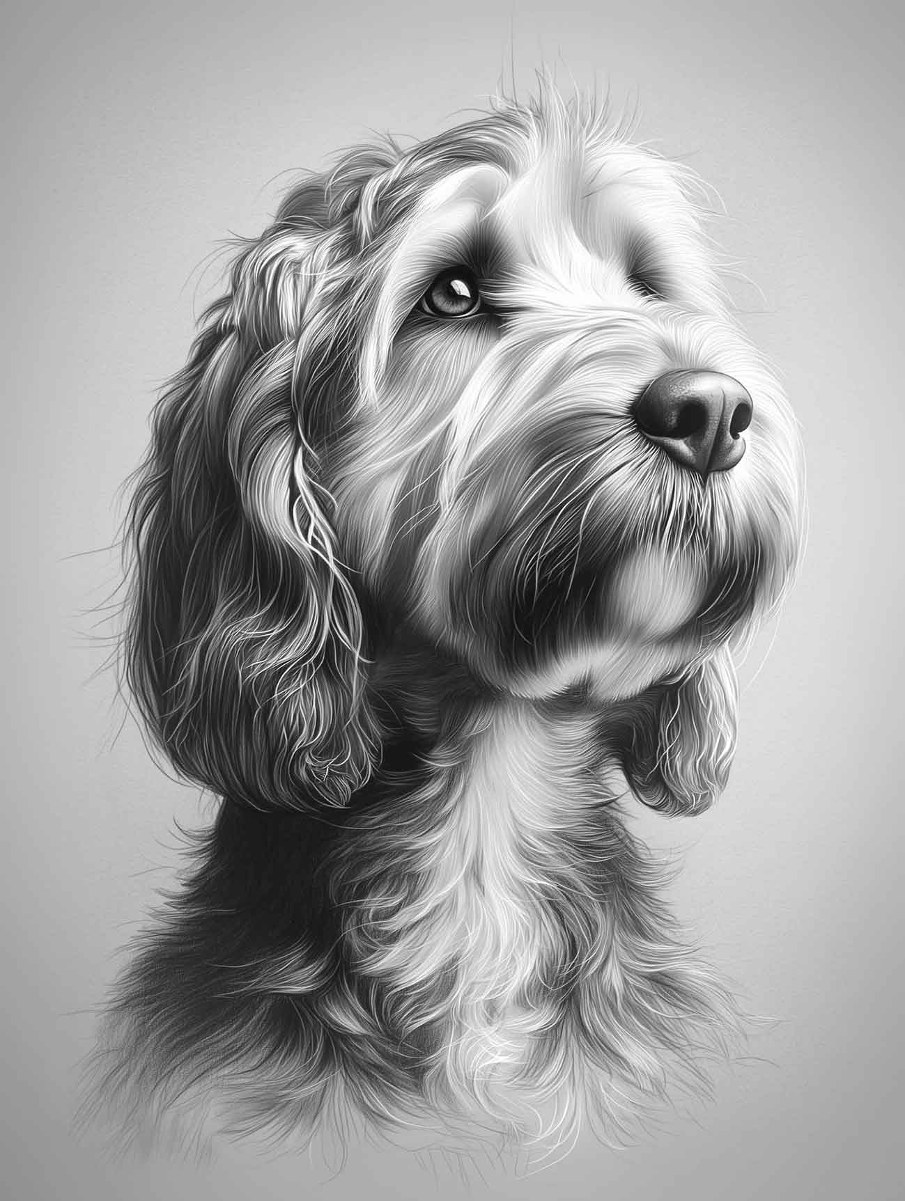 A black and white pencil pet portrait of a Cockapoo.