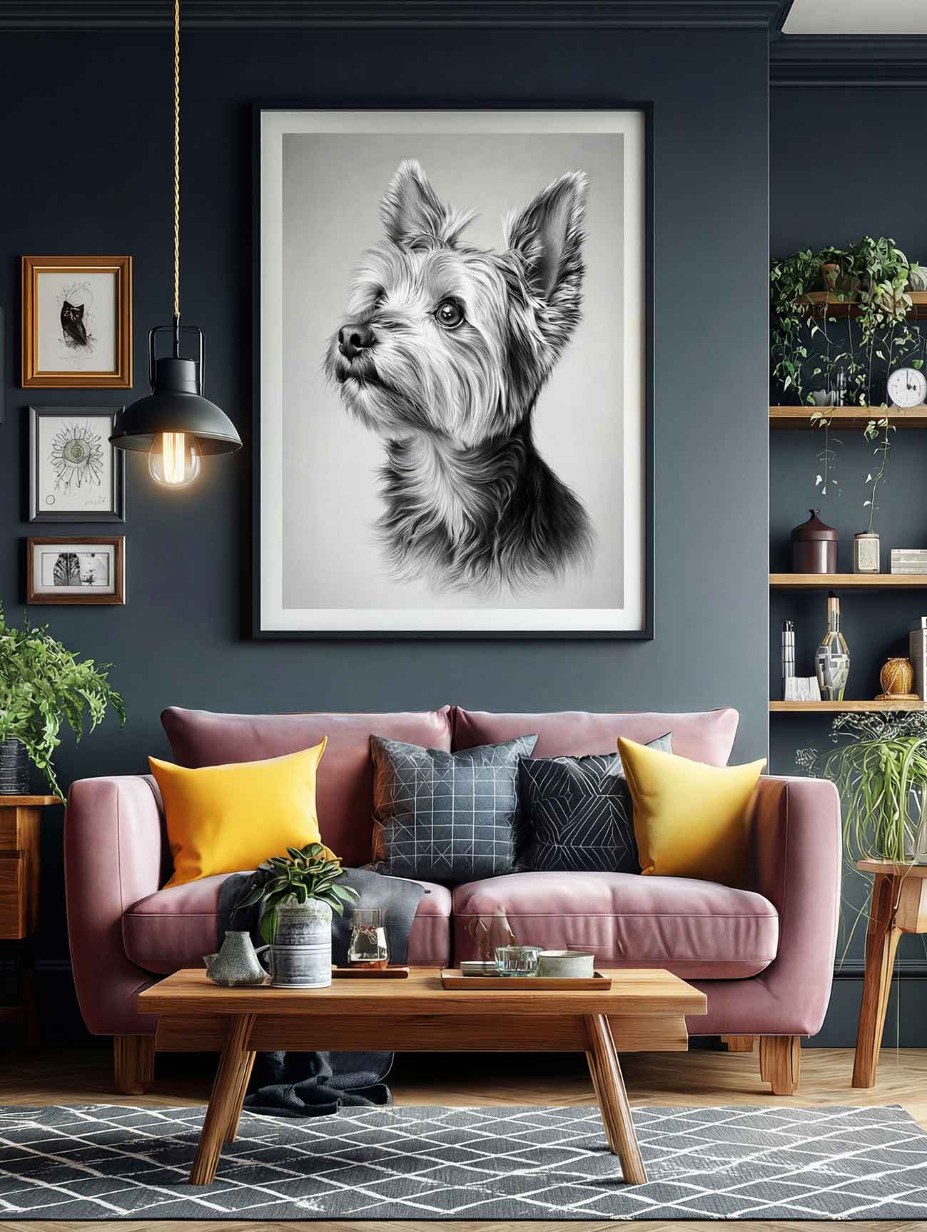 A framed pet portrait of a Yorkshire Terrier.