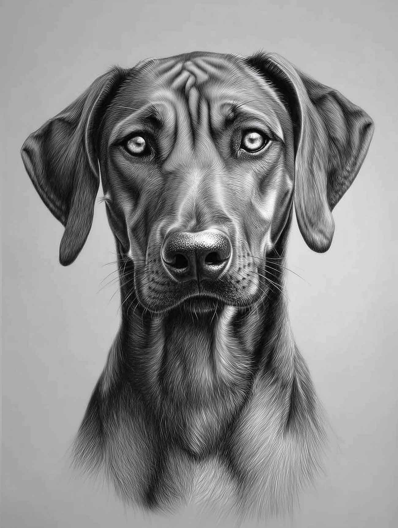 A black and white pencil pet portrait of a Rhodesian Ridgeback.