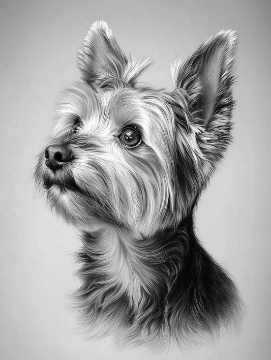 A black and white pencil pet portrait of a Yorkshire Terrier.