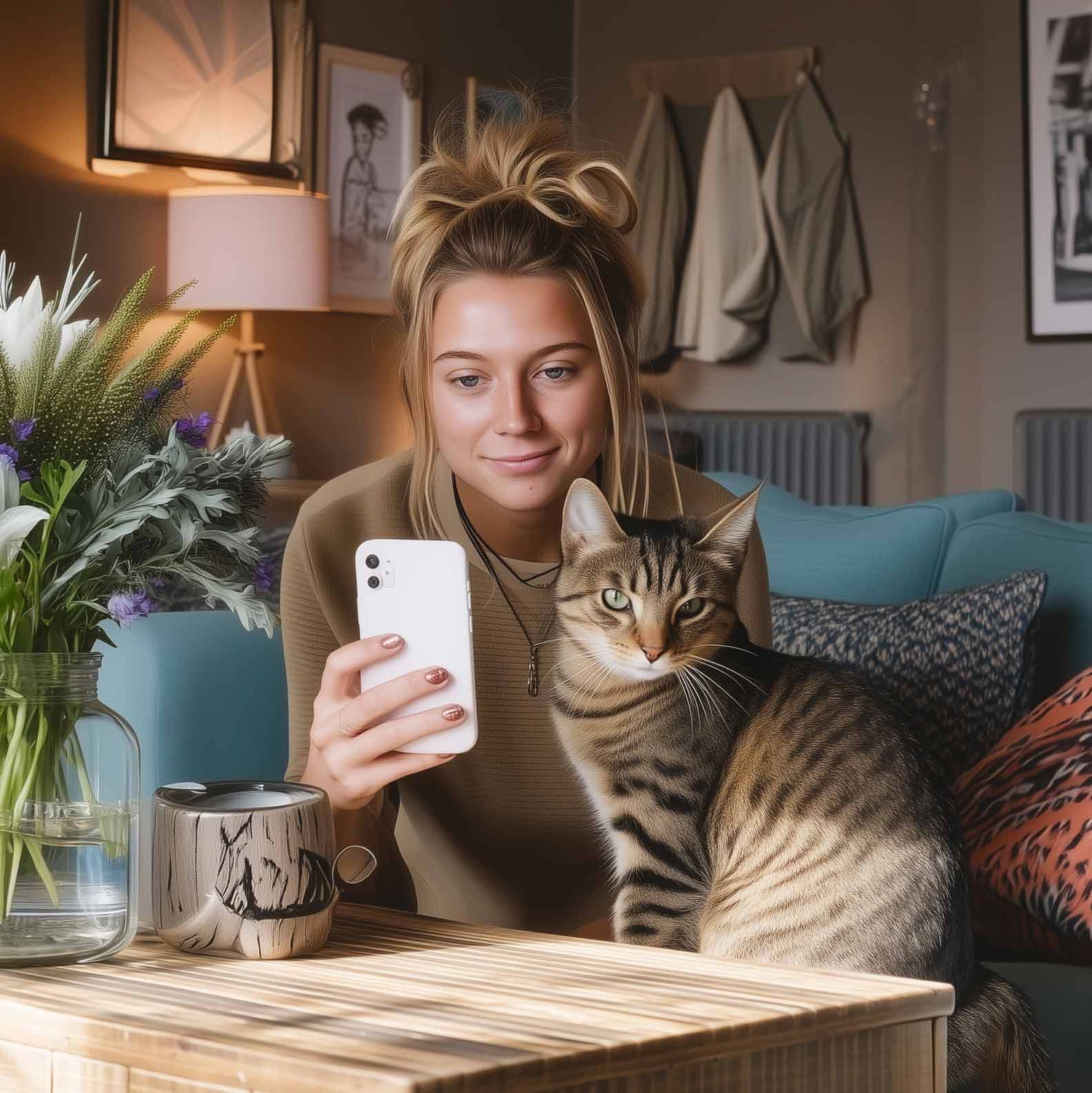 Woman taking a selfie with a cat in a cozy living room.