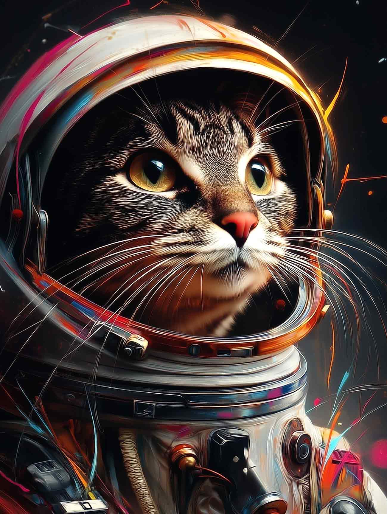 A colourful, modern pet portrait of a Tabby Cat.