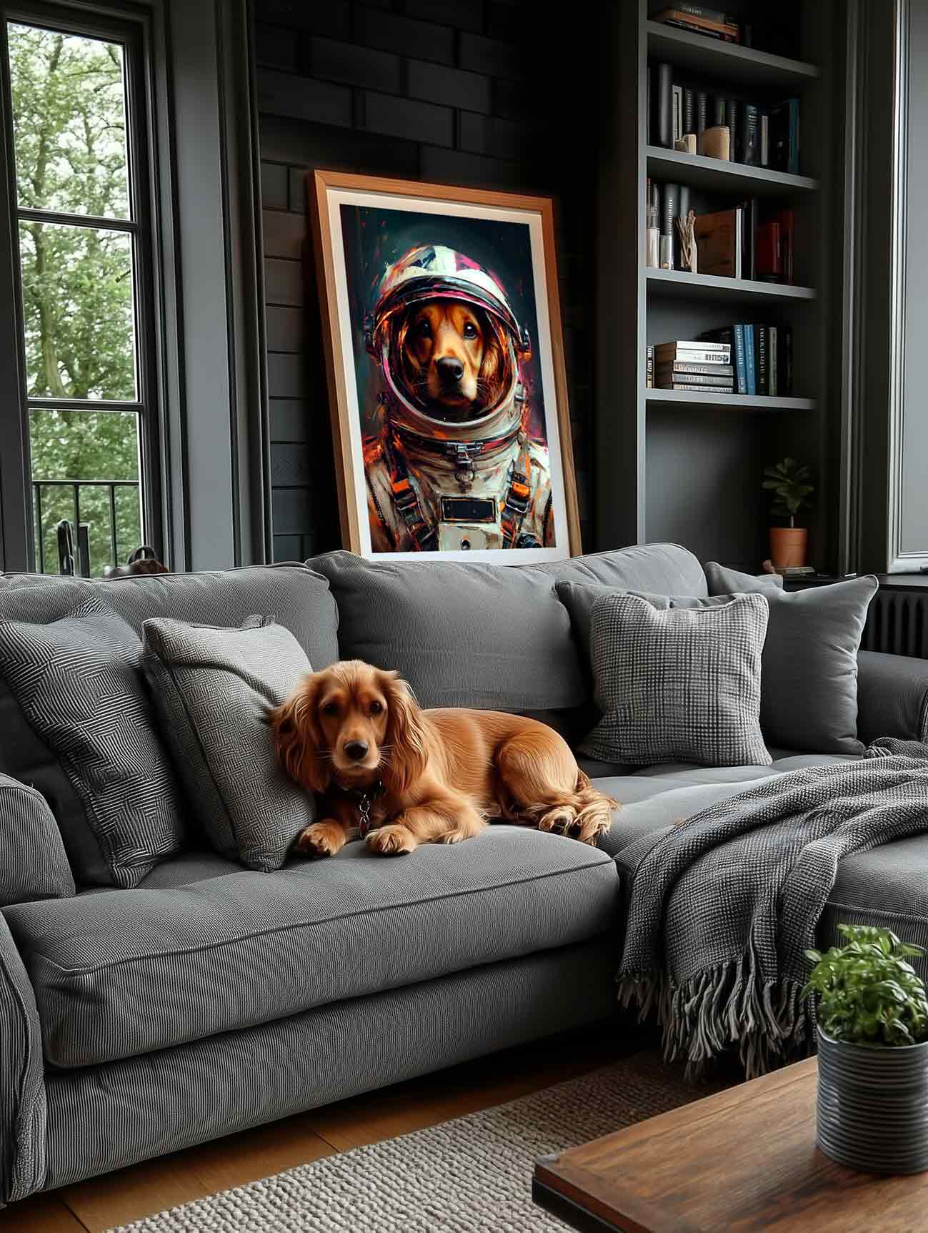 A framed pet portrait of a Cocker Spaniel.