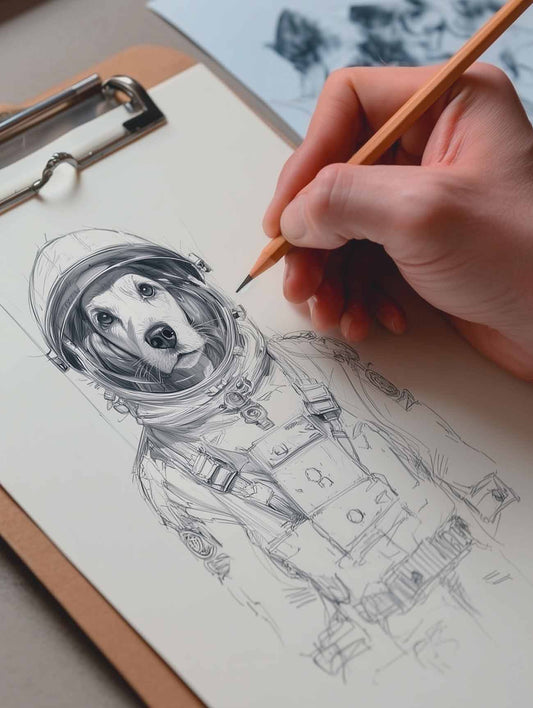 Hand drawing a detailed pet portrait sketch of a dog in a space suit with a pencil on white paper.