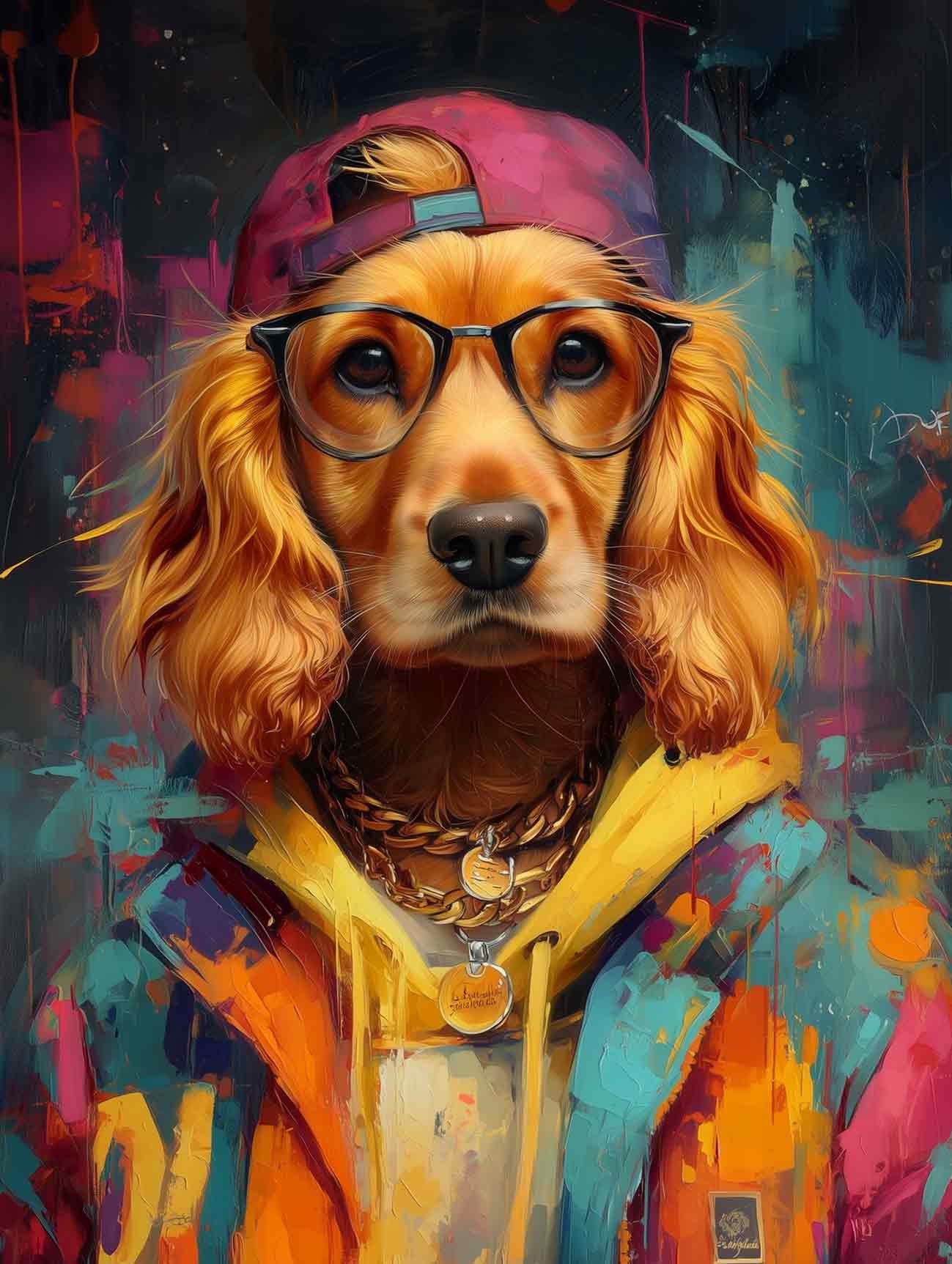 A pet portrait of a dog wearing glasses, a colorful jacket, and a pink cap with a vibrant, abstract background.