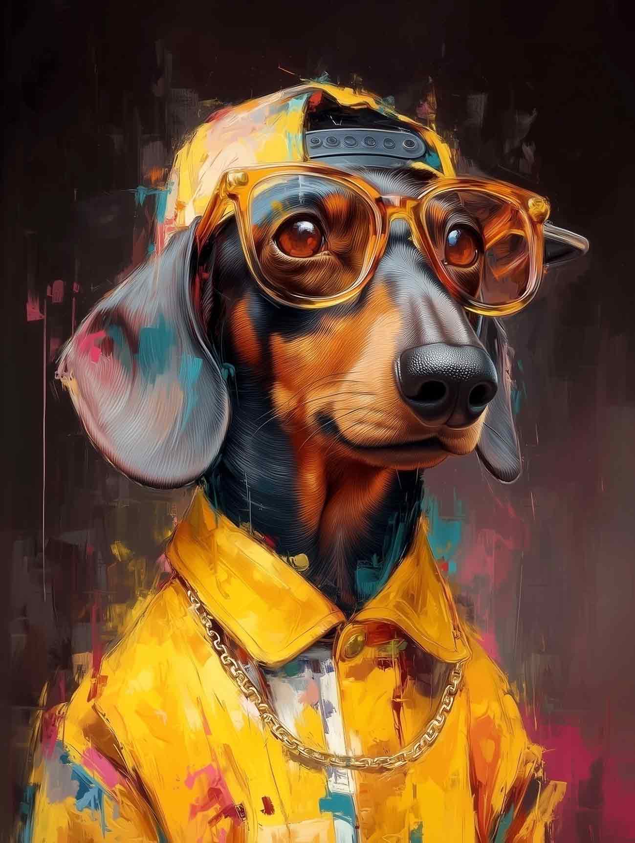 A pet portrait of a dog wearing a yellow raincoat, sunglasses, and a cap on a dark background