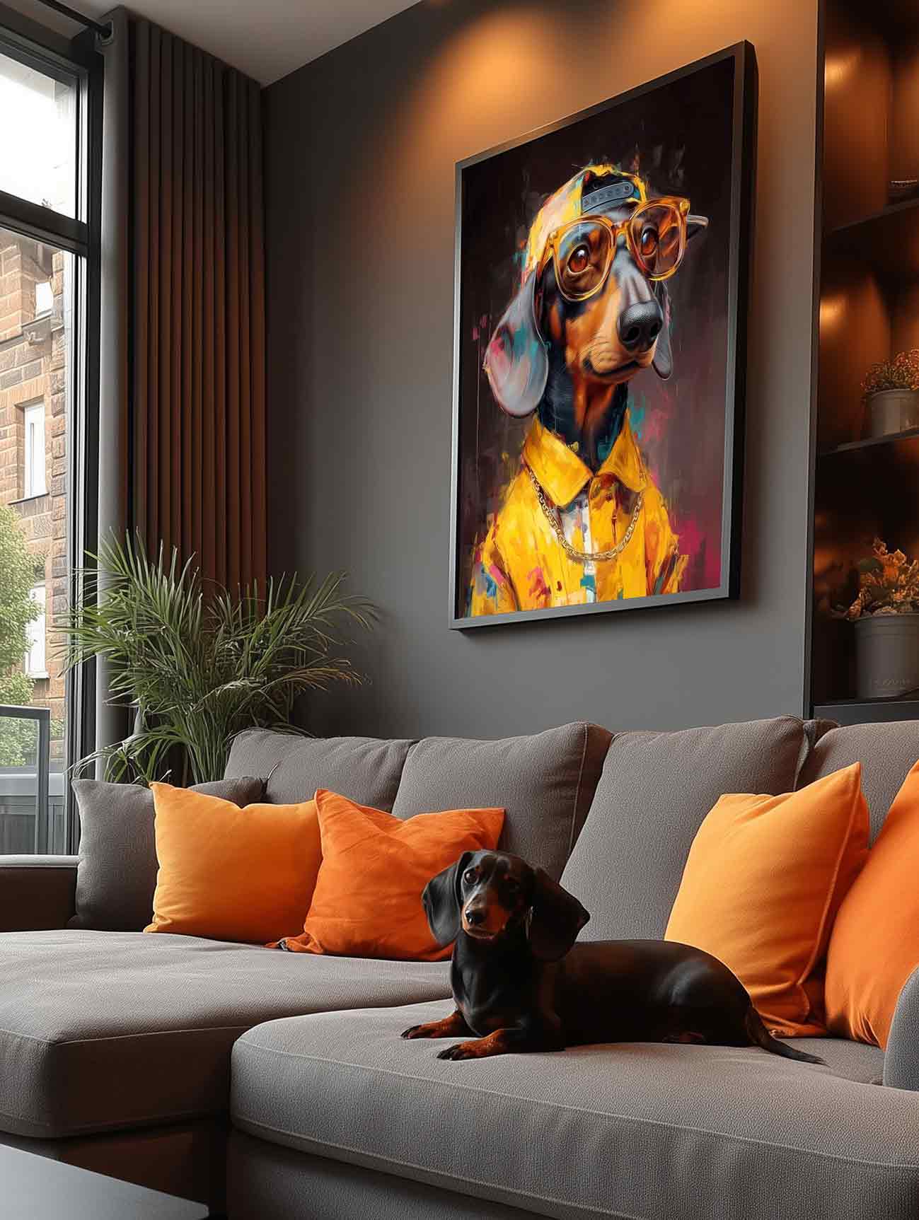 Living room with a colorful pet portrait of a dog on the wall.