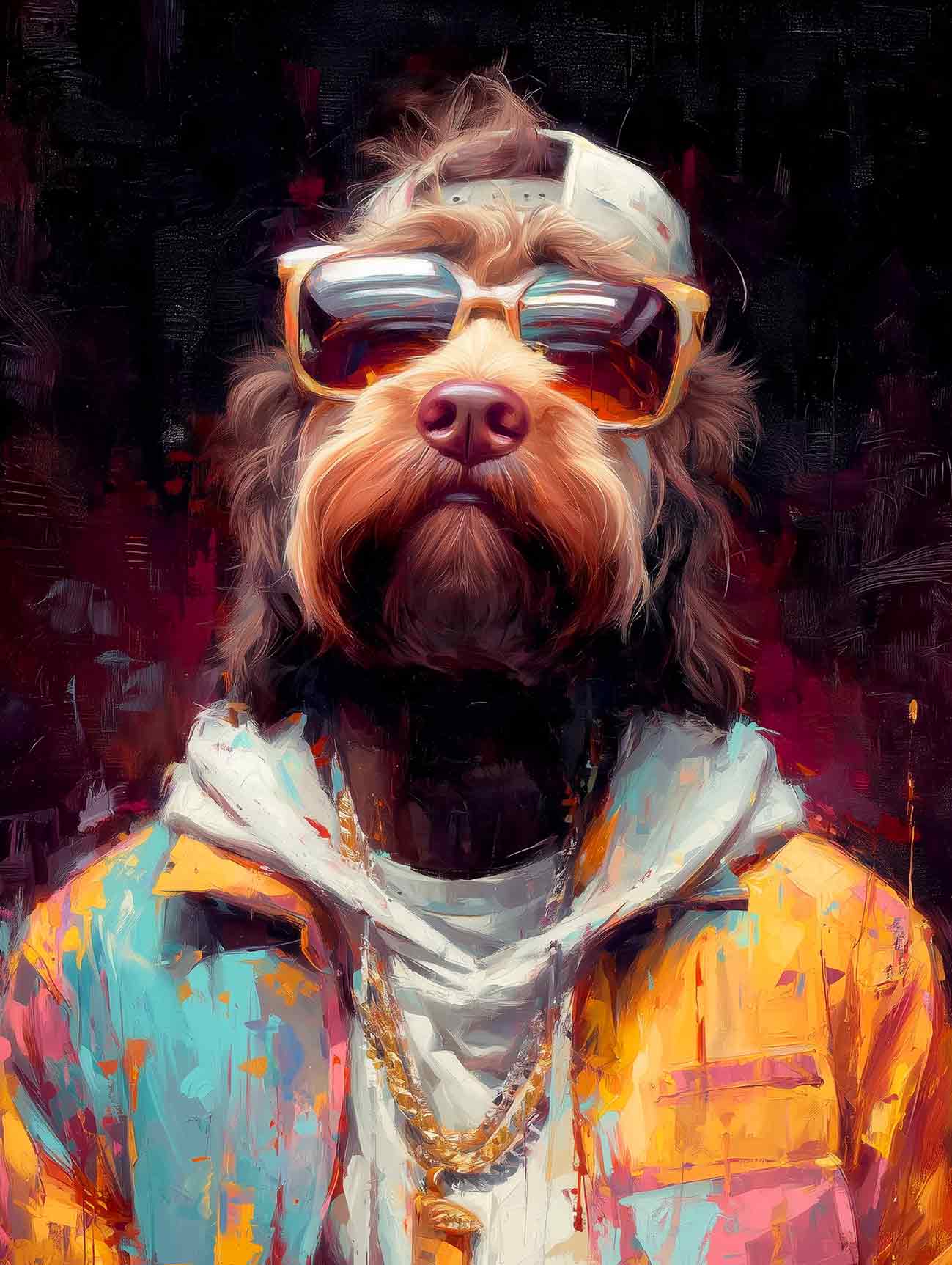 A pet portrait of a dog wearing sunglasses and a colorful jacket with a dark background.