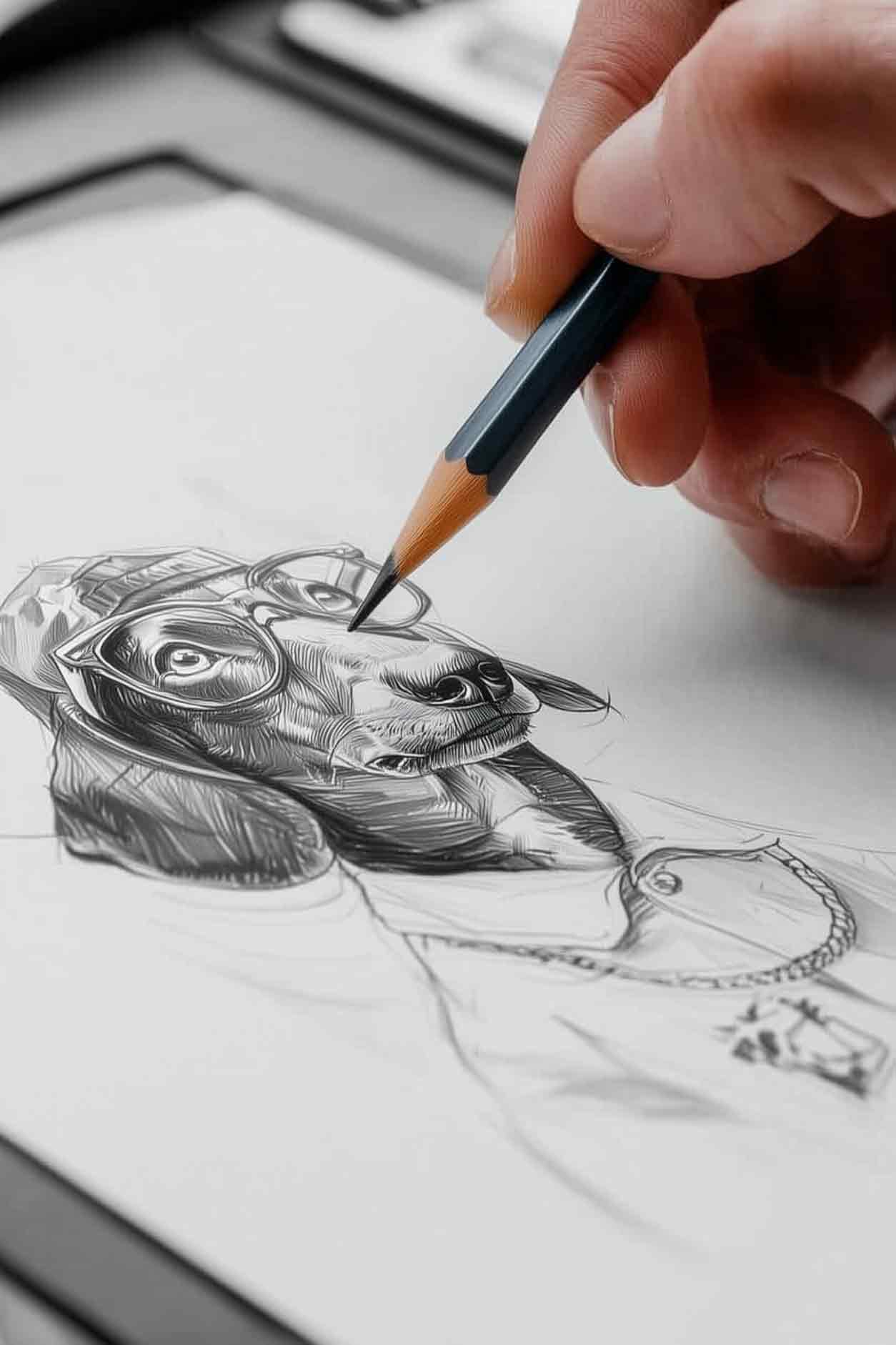 Hand drawing a detailed illustration of a dog with a pencil on paper.
