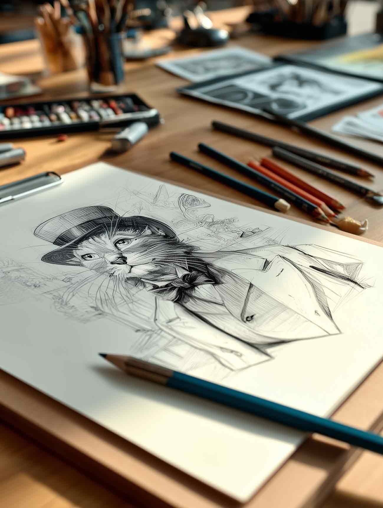 a pet portrait sketch of a cat with a hat on a drawing pad with art supplies in the background.