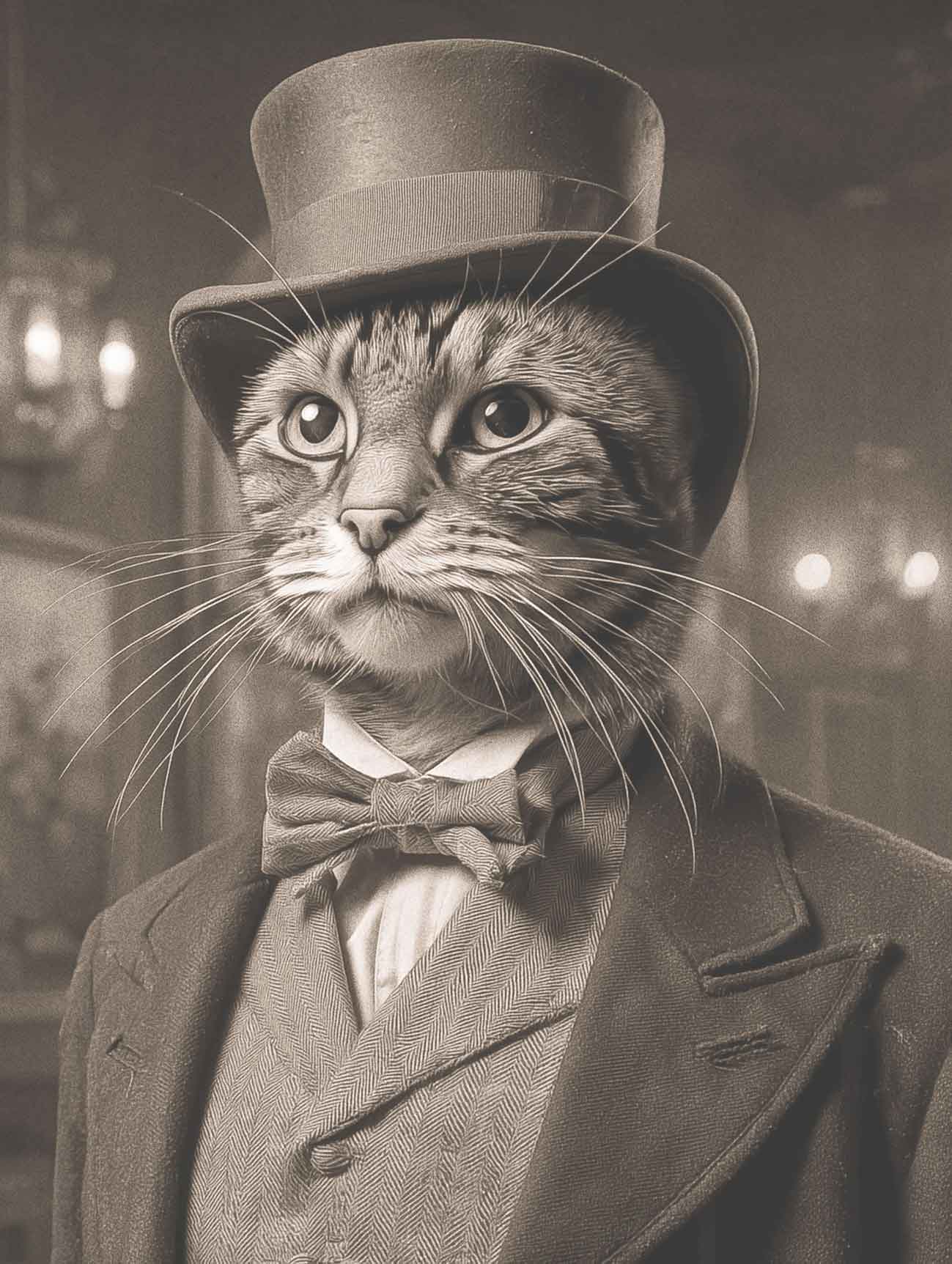 A pet portrait of a cat wearing a top hat and suit in a vintage-style setting.