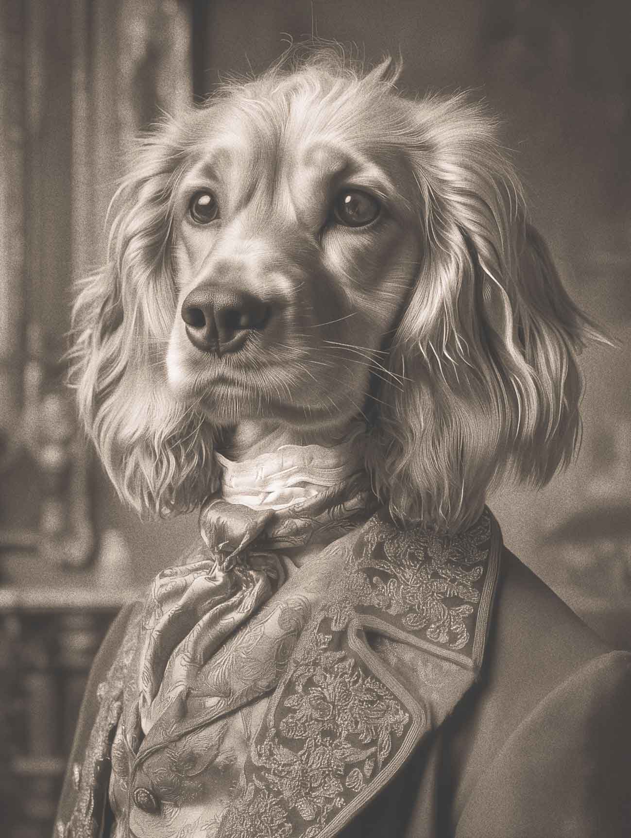 A pet portrait of a dog dressed in formal attire with a vintage background.
