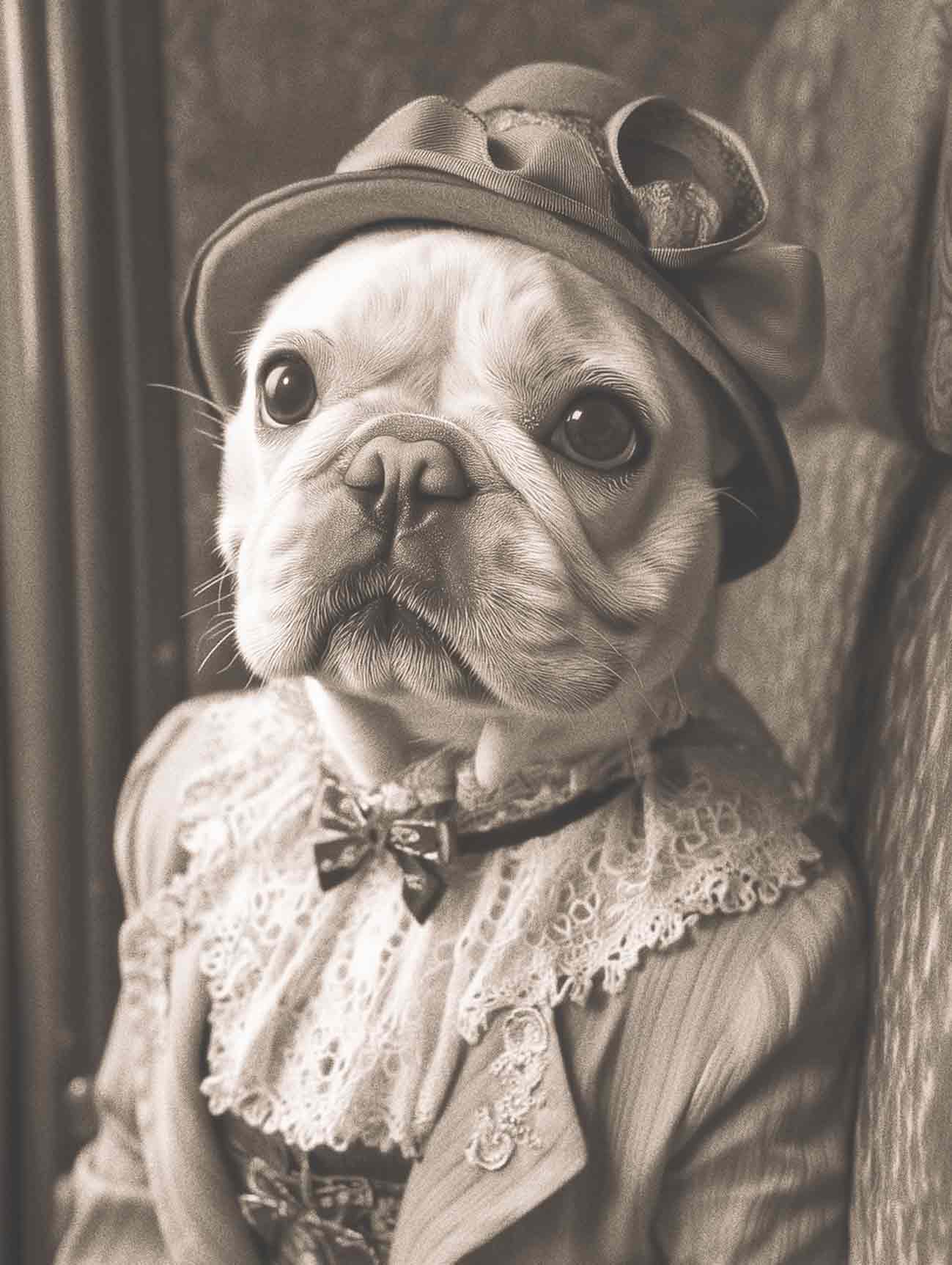 A pet portrait of a dog wearing a vintage outfit with a hat and bow tie.