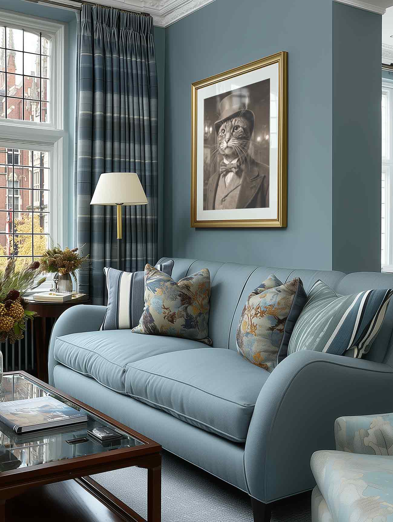 Living room with a blue sofa, decorative pillows, and a framed pet portrait on the wall.
